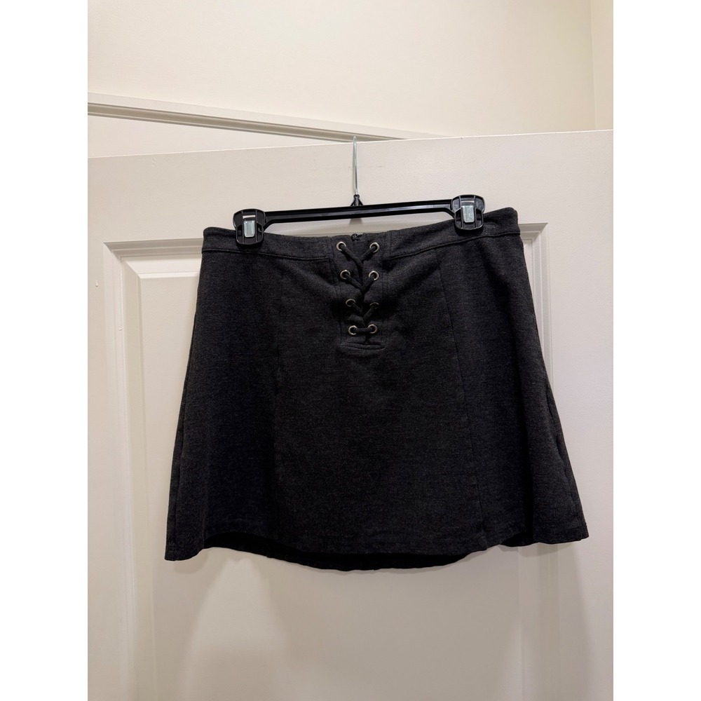 Lush Women Charcoal Gray Lace Up Front Ponte Knit A-Line Mini Skirt Large